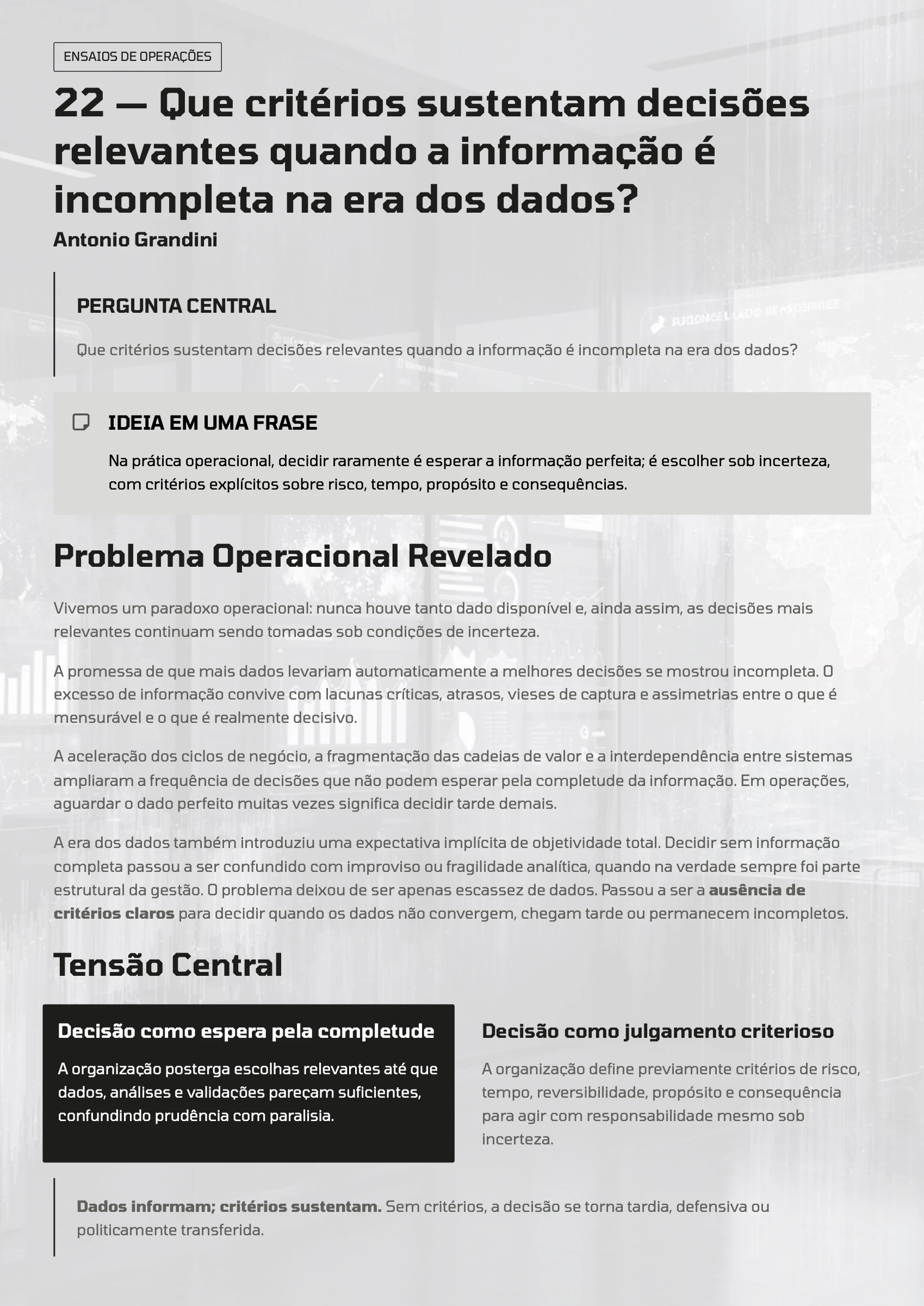Página 85: Ensaio 22 — Que critérios sustentam decisões relevantes quando a informação é incompleta na era dos dados? · 1/4