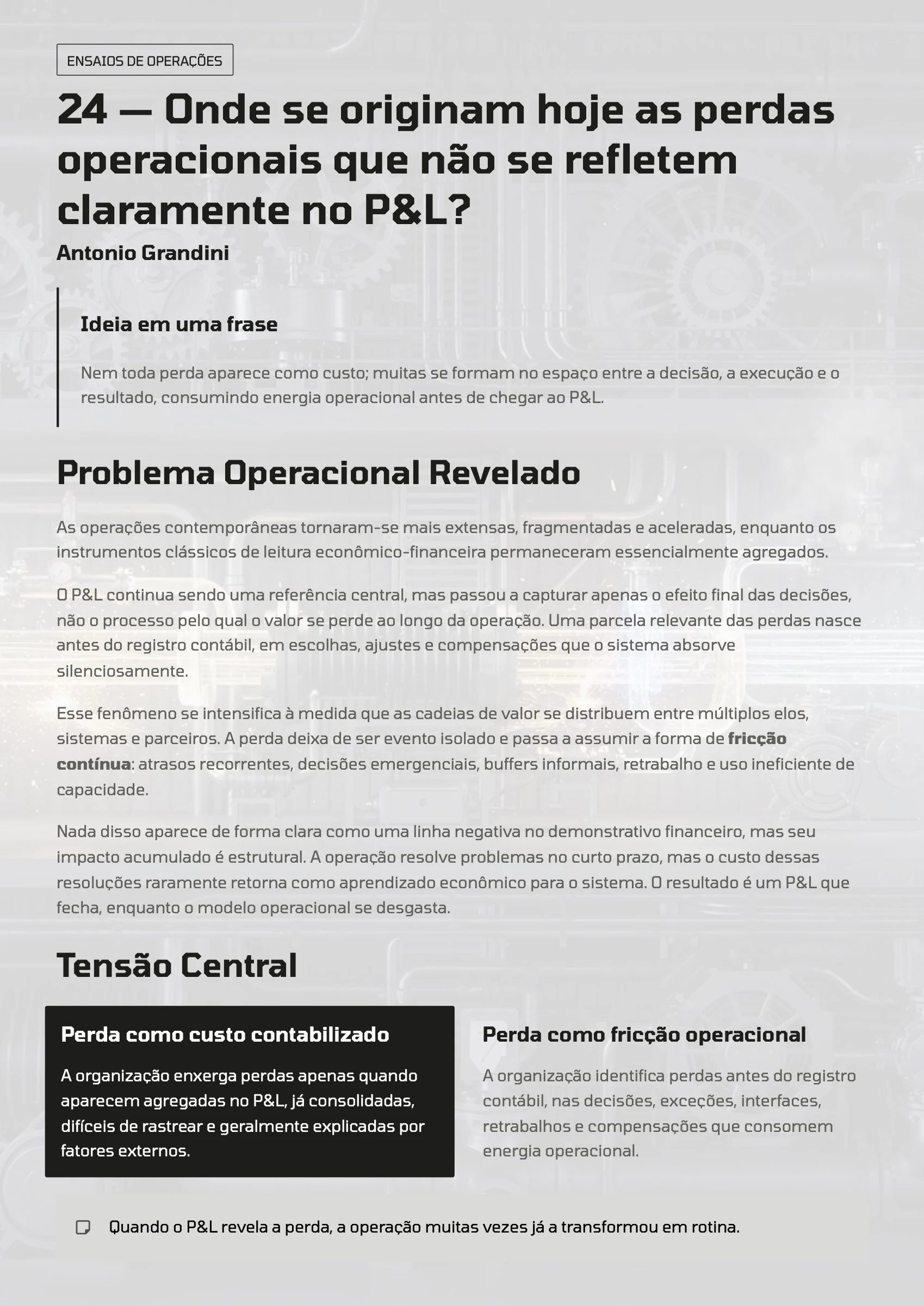 Página 93: Ensaio 24 — Onde se originam hoje as perdas operacionais que não se refletem claramente no P&L? · 1/4