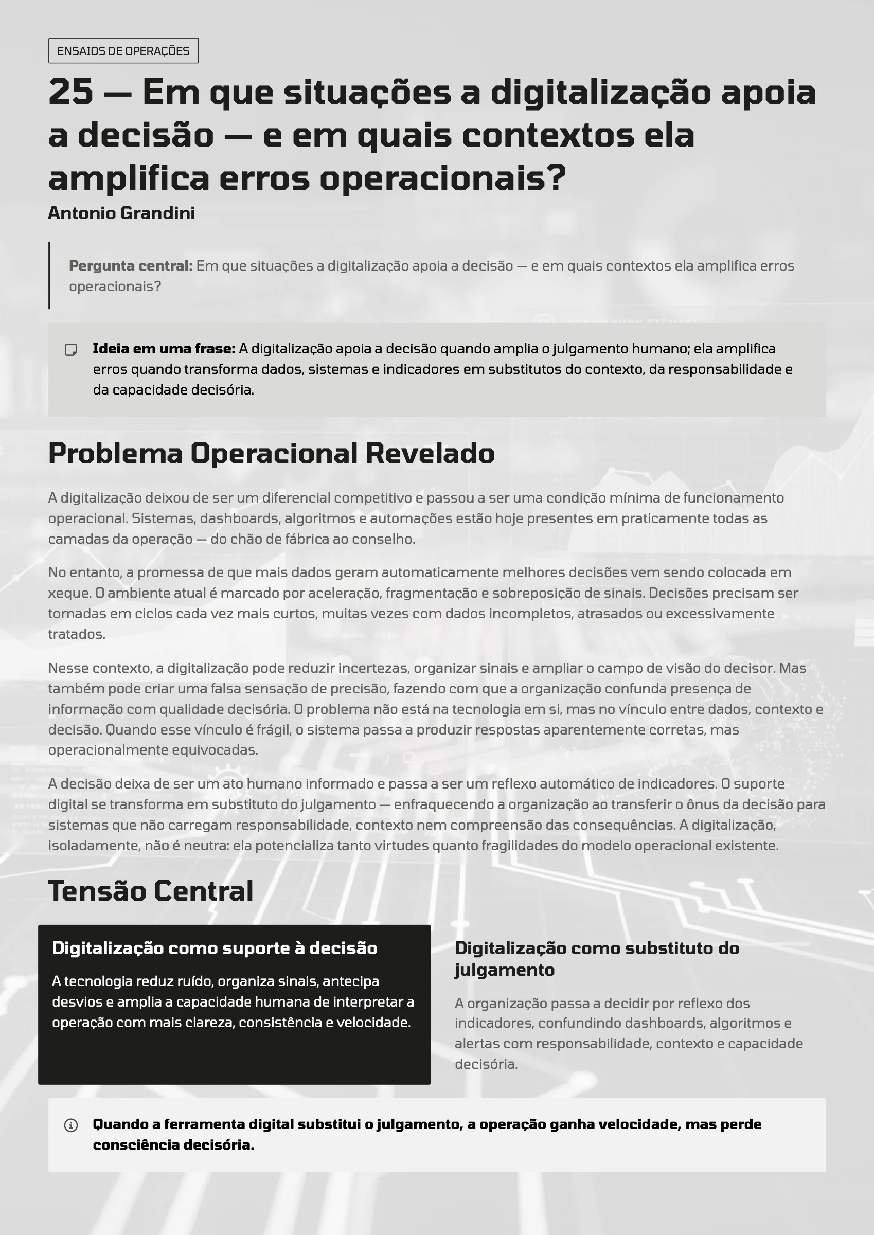 Página 97: Ensaio 25 — Em que situações a digitalização apoia a decisão — e em quais contextos ela amplifica erros operacionais? · 1/4