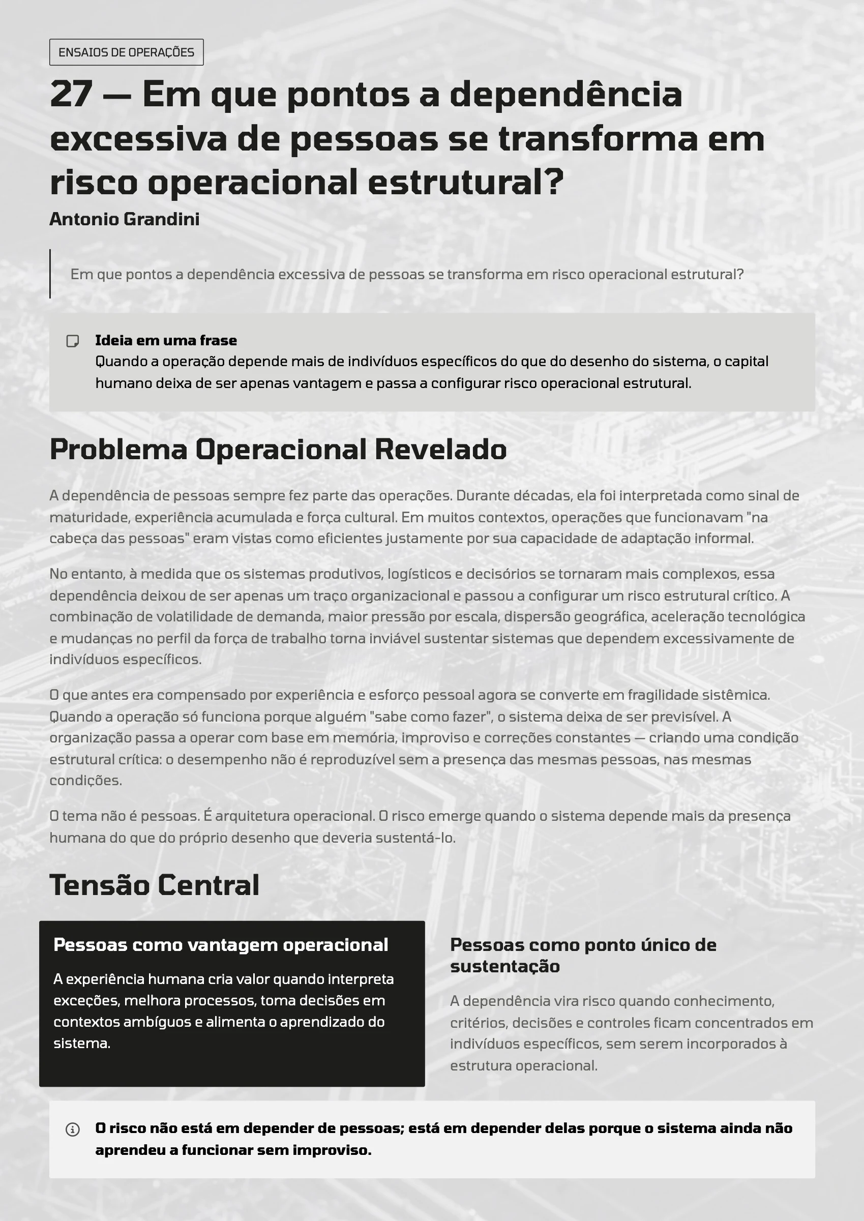 Página 105: Ensaio 27 — Em que pontos a dependência excessiva de pessoas se transforma em risco operacional estrutural? · 1/4