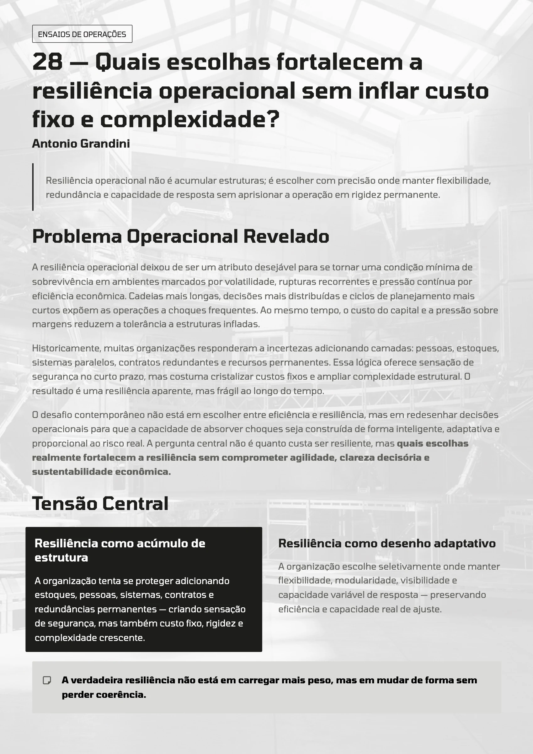 Página 109: Ensaio 28 — Quais escolhas fortalecem a resiliência operacional sem inflar custo fixo e complexidade? · 1/4