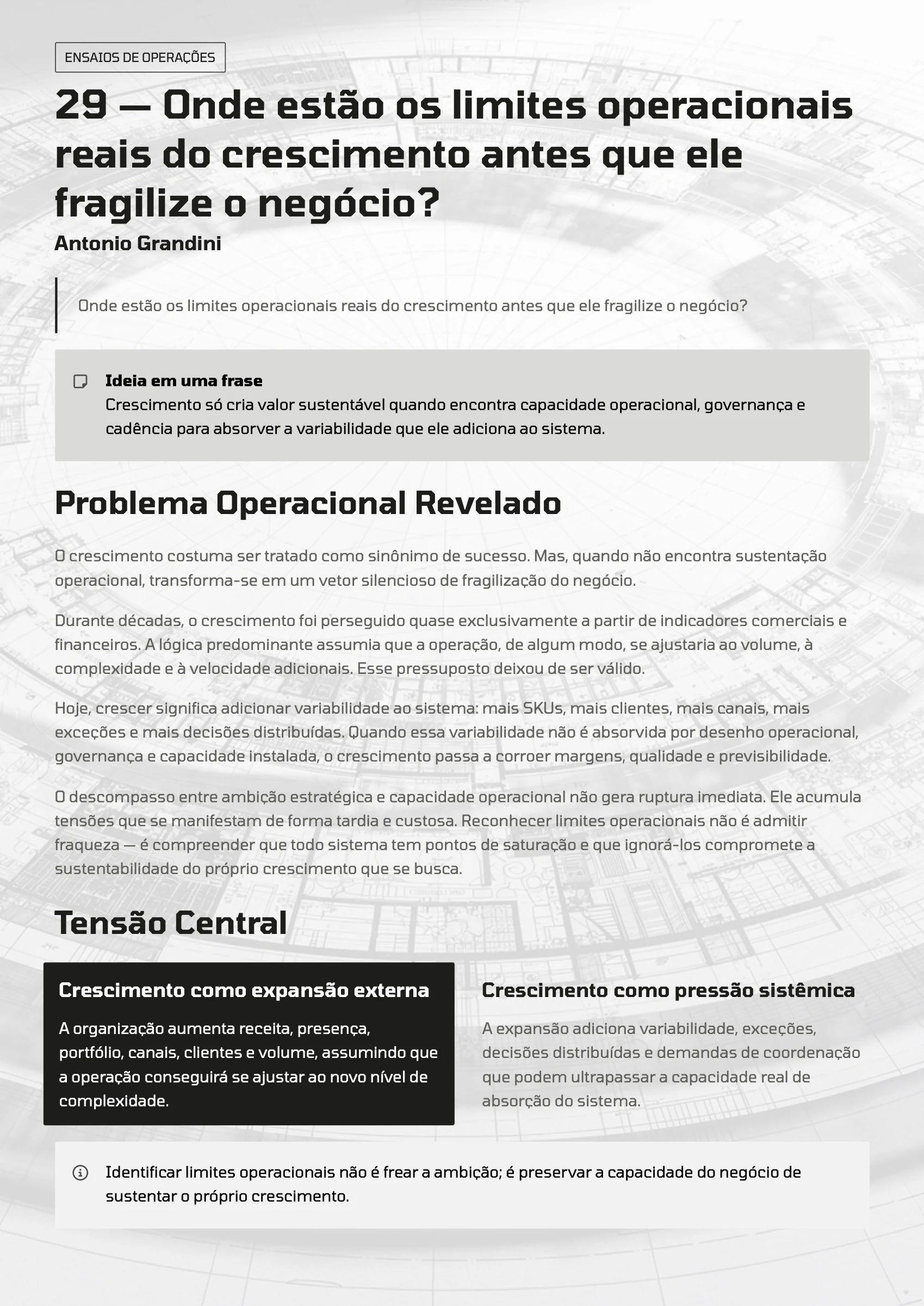 Página 113: Ensaio 29 — Onde estão os limites operacionais reais do crescimento antes que ele fragilize o negócio? · 1/4