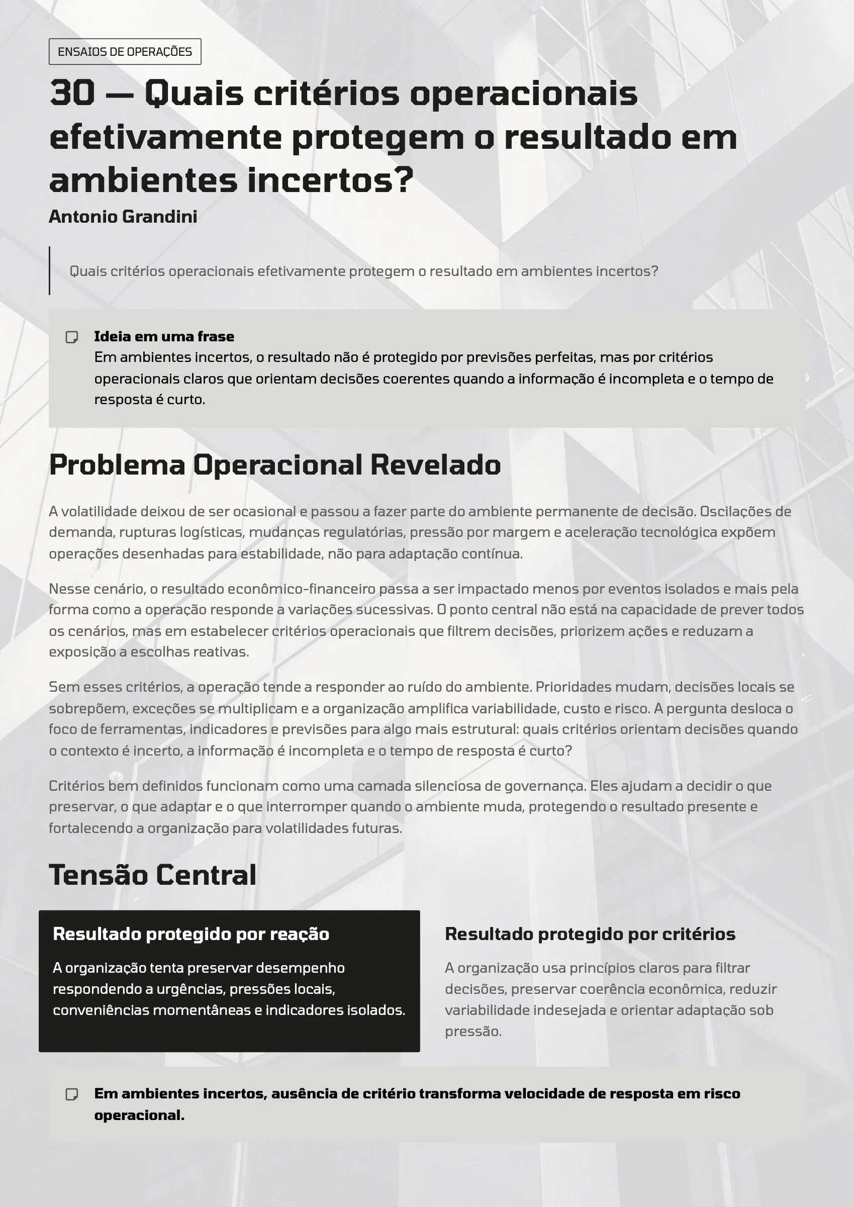 Página 117: Ensaio 30 — Quais critérios operacionais efetivamente protegem o resultado em ambientes incertos? · 1/4